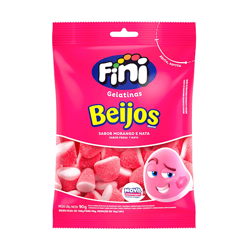 Beijos de morango Fini 90g - Se um Beijo é muito bom, imagine um pacote inteiro de Beijos Fini! Experimente este clássico super macio, cremoso e docinho. É muito amor envolvido.  Na cor rosa e branco, com sabor de morango e nata.