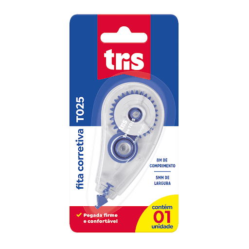 Fita Corretiva T025 - 8Mx5Mm - Tris - A fita corretiva T025 possui formato ergonômico, prático de aplicar e correção que não aparece em cópias! Dimensões da fita: 5mx5mm. - Resinas termoplásticas, pigmentos, polímeros e aglutinantes.