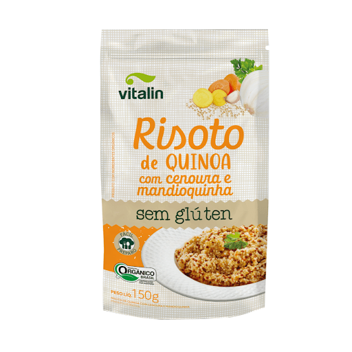 MISTURA RISOTO DE QUINOA, CENOURA E MANDIOQUINHA ORGANICA VITALIN 150G - Os Risotos de Quinoa são fonte de fibras, proteínas e minerais, sendo ótimas opções para quem busca refeições saudáveis e balenceadas sem abrir mão do sabor. 
São opções ideais para diversificar o cardápio e agregar mais nutrientes à alimentação. Além disso a mistura já possui todos os ingredientes necessários para a preparação, basta adicionar água e sal.
Contam com a Certificação Glúten Free e selo Orgânico, o que garante ainda mais qualidade e confiança.