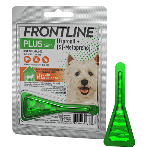 Antipulgas e Carrapatos Frontline Plus para Cães de até 10kg - FRONTLINE® PLUS CÃES mata rapidamente pulgas, carrapatos e piolhos. Impede que os ovos de pulgas que caem do seu cão eclodam em sua casa, evitando o desenvolvimento de ovos e larvas provenientes de pulgas adultas adquiridas durante o período de ação do produto. Oferece proteção por 30 dias e pode ser aplicado a partir das 8 semanas de idade, inclusive em cadelas gestantes ou em lactação.