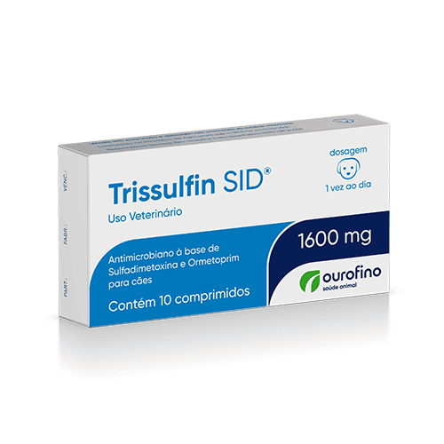 Trissulfin Sid 10 X 1600 Mg - Antibiótico bactericida à base de Sulfadimetoxina e Ormetoprim. Indicado no tratamento da 
isosporose e de diarreias bacterianas, piodermites, infecções urinárias, otites e infecções respiratórias.