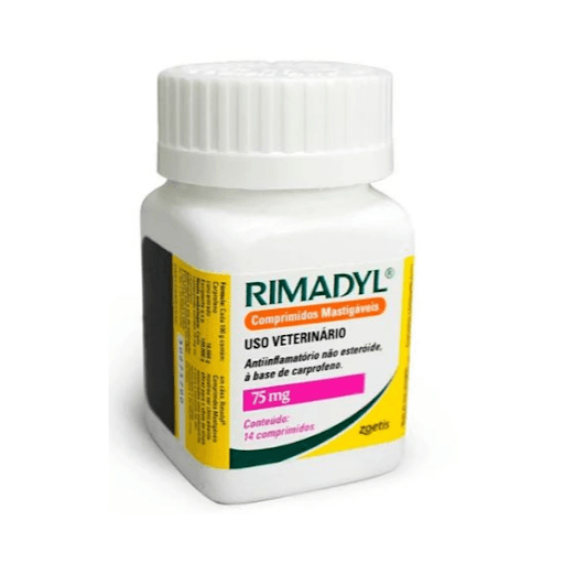 Rimadyl Comprimidos Mastigáveis - Anti-inflamatório para cães - 75 mg - frasco com 14 comprimidos - Rimadyl Comprimidos Mastigáveis é um anti-inflamatório não esteroidal (AINE) indicado para cães.

•	Princípio ativo: Carprofeno

•	Indicado para o alívio de dor e inflamação em cães;

•	Indicado para o alívio de sinais associados com osteoartrite e controle da dor associada a cirurgias ortopédicas e de tecidos moles, em cães;

•	Ação anti-inflamatória e analgésica.

Consulte sempre seu médico-veterinário.