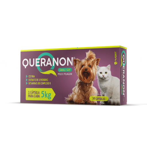 Queranon Small Size Cap x 30 - Avert - QUERANON® SMALL SIZE é um suplemento vitamínico-aminoácido, indicado para auxiliar na prevenção da queda de pelos em gatos e cães de pequeno porte de qualquer idade.