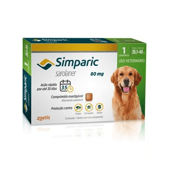 Simparic - Elimina carrapatos, pulgas e sarnas - 80 mg para Cães de 20,1 a 40 kg - 1 comprimido - Cães e Gatos Zoetis - Simparic é um comprimido saboroso que combate carrapatos, pulgas e sarnas em cães. É eficaz, seguro e possui ação rápida.

•	Princípio ativo: Sarolaner

•	Apresentação indicada para cães de 20,1 a 40 kg, à partir de 8 semanas de idade;

•	Ação rápida e sustentada, age em 3 horas com efeito sustentado por 35 dias;

•	Proteção e contra 11 espécies de carrapatos, pulgas e três tipos de sarna (sarcóptica, demodécica e otodécica);

•	Desenvolvido para cães de todas as raças e portes;

•	Diga SIM para Simparic!

Consulte sempre seu médico-veterinário.