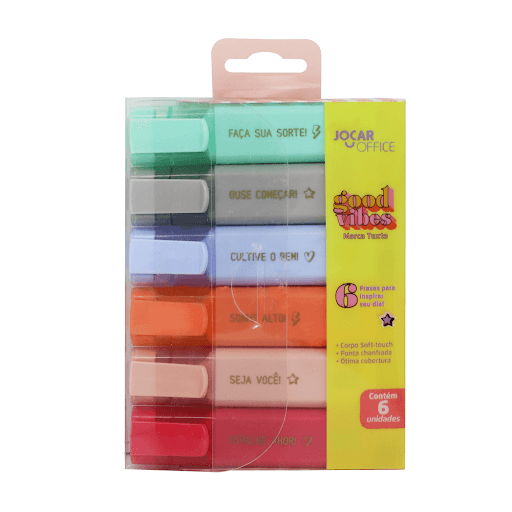 Marca Texto Good Vibes - Jocar Office - Corpo Soft-touch.


Frases no corpo do marca texto para inspirar!


Traço de 6mm.


Ótima cobertura.


6 cores pastel doce


Código de barras individual