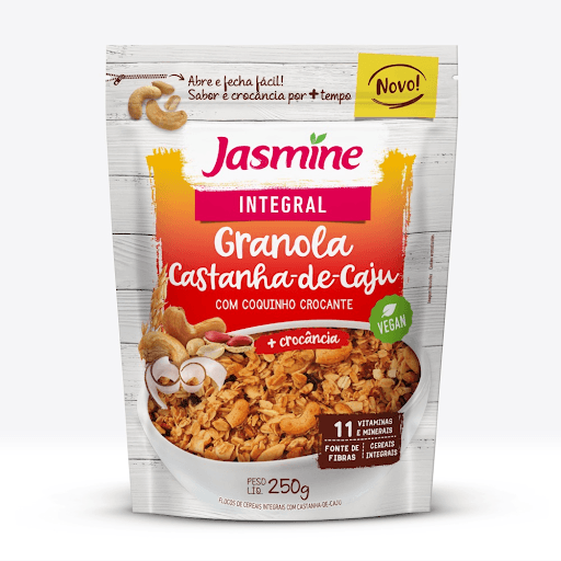 Granola Castanha-de-Caju Jasmine Pouch 250g - Crocante, saborosa e saudável: a Granola Castanha-de-caju Jasmine possui ingredientes integrais ricos em nutrientes e uma combinação de castanha-de-caju, amendoim, tapioca e coquinho crocante, que formam uma textura deliciosa e um alimento super versátil, permitindo diversas combinações.