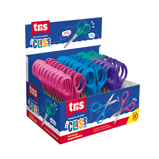 Tesoura Escolar Class - 13Cm - Tris - A tesoura Class já é um clássico TRIS: lâminas de 1,5mm de espessura com pontas arredondadas e cabo ABS de alto brilho, é uma tesoura de aço inox escolar de 13cm de comprimento. Cores sortidas: verde, azul, roxo e rosa. - Resinas termoplásticas e aço inoxidável.