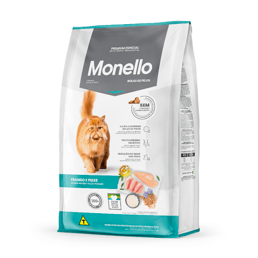 Monello Premium Especial Gatos Adultos Bola De Pelos 10,1Kg - A Monello Gatos Adultos Bolas de Pelos Frango e Peixe é um um alimento desenvolvido para os pets que possuem problemas com a ingestão de pelos. A presença da celulose auxilia na eliminação das bolas de pelos e evitando que elas sejam repelidas pelo vômito ou que fiquem presas no intestino dos gatos. A fórmula conta ainda com polpa de beterraba, fonte rica em fibras, que atua à nível intestinal, auxiliando na absorção de nutrientes, promovendo a saúde do órgão e ocasionando a redução do volume e odor das fezes.A fórmula, livre de corantes e aromatizantes artificiais, favorece um trato urinário saudável, prevenindo a formação de cálculos renais e gerando maior bem-estar. A adição de farinha e óleo de salmão, ingredientes nobres para a alimentação felina, estimula o desenvolvimento equilibrado dos bichanos em todas as fases da vida.