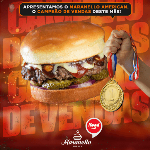 O mês acabou e o nosso Campeão de Vendas deste mês deu as caras 🏆🍔 - Maranello American: pão brioche, hambúrguer artesanal 160g 🥩, queijo prato 🧀, cebola roxa 🧅, picles 🥒, barbecue e a famosa maionese artesanal do cheff 😋🔥

Com essa combinação, não tinha como ser diferente... foi o campeão de pedidos do mês! 👏💥

Ainda não pediu o seu? Agora é a hora! 📲🍟