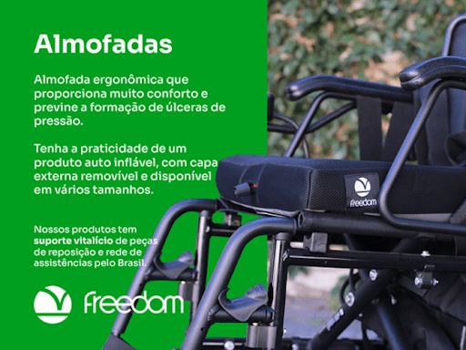 A Almofada de Ar Freedom é ergonômica e ortopédica, indicada para pessoas que passam longos períodos de tempo sentadas, podendo ser utilizada em cadeiras de rodas, scooters, cadeiras de escritório, entre outras.

Com tecnologia de micro células de ar, a almofada se molda ao usuário para distribuir adequadamente o peso pelo assento, dessa forma evitando úlceras de pressão. Sua capa interna é impermeável, enquanto a externa é removível e lavável.