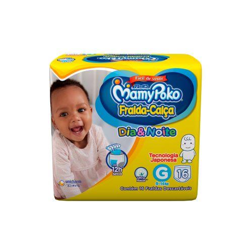 MamyPoko Fralda-Calça Dia&Noite G16 - MamyPoko Fralda-Calça™ Dia & Noite é super prática! Ela veste fácil e rápido como uma calcinha ou cuequinha e você não precisa ajustar a fita. A sua cintura macia e elástica estica até 2 vezes*, garantindo mais conforto. Absorve até 5 copos de líquido e tem proteção dupla nas pernas, evitando vazamento e mantendo o seu bebê sequinho por até 12 horas**. * Em relação ao tamanho original. ** Pode variar de acordo com os hábitos e características do bebê.