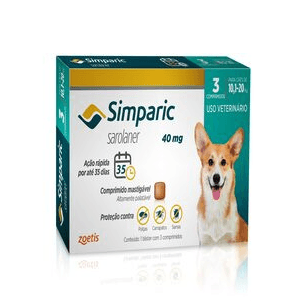 Simparic - Elimina carrapatos, pulgas e sarnas - 40 mg para Cães de 10,1 a 20 kg - 3 Comprimidos - Cães e Gatos Zoetis - Simparic é um comprimido saboroso que combate carrapatos, pulgas e sarnas em cães. É eficaz, seguro e possui ação rápida.

•	Princípio ativo: Sarolaner

•	Apresentação indicada para cães de 10,1 a 20 kg, à partir de 8 semanas de idade;

•	Ação rápida e sustentada, age em 3 horas com efeito sustentado por 35 dias;

•	Proteção e contra 11 espécies de carrapatos, pulgas e três tipos de sarna (sarcóptica, demodécica e otodécica);

•	Desenvolvido para cães de todas as raças e portes;

•	Diga SIM para Simparic!

Consulte sempre seu médico-veterinário.
