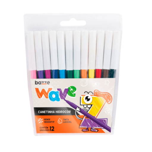 Hidrocor Ponta Fina Wave - 12 Cores - Bazze - Possui cores vivas, tampa ventilada e antiasfixiante. Com corpo em plástico PP: mais brilho! Com 12 cores vibrantes para colorir o seus desenhos!