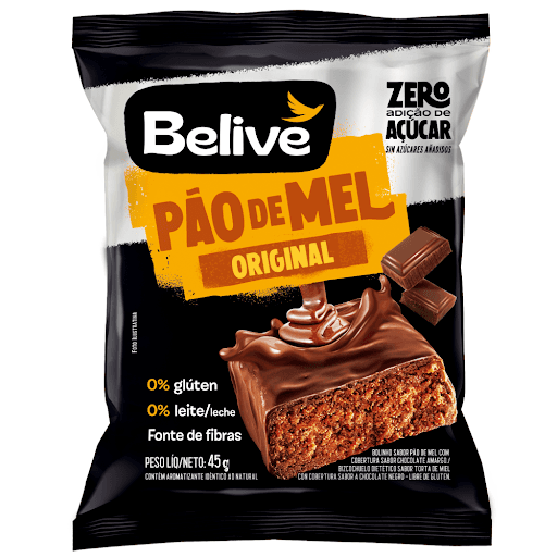 Pão de Mel Sem Açúcar - Belive - 100% coberto de chocolate, fonte de fibras, sem glúten e sem leite/lactose.