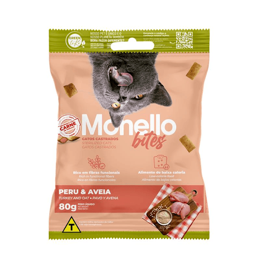 Monello Bites Gatos Castrados - Descubra o Monello Bites, o snack perfeito para oferecer ao seu gato uma experiência única e irresistível! Criado com ingredientes de alta qualidade, esse petisco combina sabor e crocância em cada mordida. Elaborado com proteínas, frutas e legumes, Monello Bites garante uma alimentação saudável, balanceada e rica em vitaminas e nutrientes essenciais para a saúde felina. E o melhor: cada unidade possui apenas 2 calorias, permitindo que você mimar seu gatinho com tranquilidade, sem prejudicar sua saúde. Proporcione momentos de prazer e bem-estar ao seu pet, com o compromisso de sempre manter sua qualidade de vida em primeiro lugar!