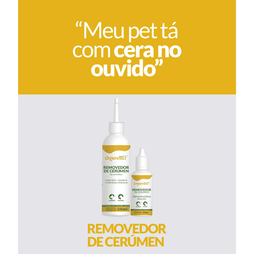 Removedor Cerumen 12X30Ml - Organnact - Composto por extrato de plantas medicinais indicadas para limpeza do conduto auditivo de cães e gatos. Sua formulação não irritante é especialmente indicada para a limpeza periódica removendo o excesso de cerúmen, sujidades e restos celulares, além de ter uma ação emoliente.