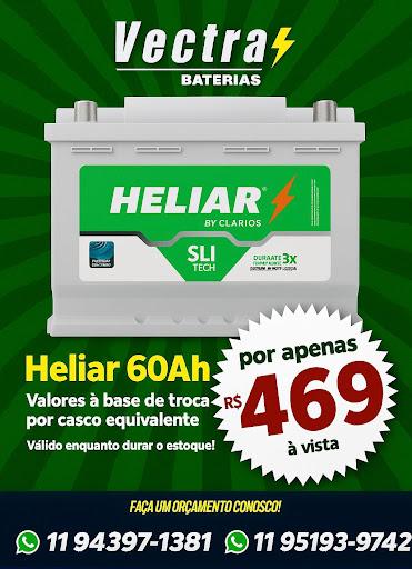 Está procurando bateria automotiva perto de você com preço justo e instalação rápida? ⚡
Na Vectra Baterias, você encontra a Heliar 60Ah por apenas R$ 469 à vista, com valores baseados na troca por casco equivalente.

Somos uma loja de baterias em São Paulo, há mais de 12 anos no mercado, oferecendo qualidade, rapidez e atendimento justo. Temos as melhores marcas e modelos para carros, motos e caminhões.

📍 Localização: Avenida Inconfidência Mineira, 1924 – próximo à Av. Rio das Pedras.
🕒 Horário: Segunda a Sexta das 8h às 18h | Sábado das 8h às 14h

⚡ Oferta válida enquanto durar o estoque — garanta já a sua bateria com confiança e rapidez