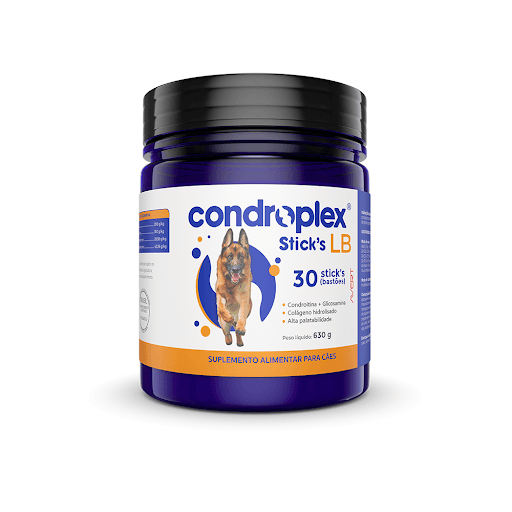 Condroplex Sticks Lb 630G x 30 - Avert - Condroplex é um suplemento alimentar composto por nutrientes essenciais às articulações. Contém condroitina, glicosamina, colágeno hidrolisado. Indicado para cães. Além de ser um suplemento é um agrado para o cão.
