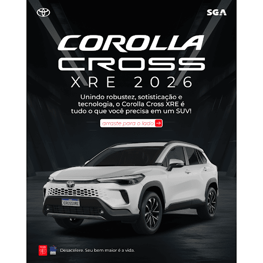 Corolla Cross XRE - O Corolla Cross na versão XRE é a escolha ideal para quem busca um SUV com um pacote completo de espaço, conforto e tecnologia. O interior conta com acabamento premium, uma central multimídia de 9 polegadas com conexão sem fio, carregamento USB e saídas de ar para os passageiros traseiros, além de um porta-malas espaçoso para todas as suas necessidades. A segurança é garantida com o pacote avançado Toyota Safety Sense.
Venha conhecer o Corolla Cross XRE na SGA Toyota e surpreenda-se com cada detalhe pensado para você.