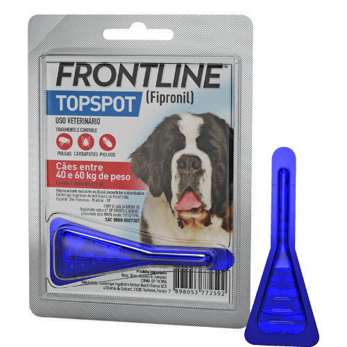 Antipulgas e Carrapatos Frontline Topspot para Cães de 40 a 60kg - FRONTLINE® TOPSPOT CÃES mata rapidamente pulgas, carrapatos e piolhos. Oferece proteção por 30 dias e pode ser aplicado a partir das 8 semanas de idade, inclusive em cadelas gestantes ou em lactação.