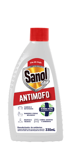 A7 Anti-Mofo Sanol 330Ml - O antimofo spray 330ml Sanol, o antimofo Sanol que combate os efeitos nocivos gerados a partir do excesso de umidade e da falta de luz em armários, guarda-roupas, gavetas, couro, calçados, pias, ralos, colchões, travesseiros e até no carro.