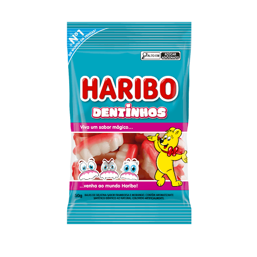 Bala de Gelatina Dentinhos 50g - Haribo - Eles não mordem - eles encantam! O sabor morango e framboesa e a textura super macia desses dentinhos, irão fazer da hora do lanche um momento delicioso e divertido - com as versões dentuço, sorriso de cinema, e dentes de vampiro. É morder e aproveitar!