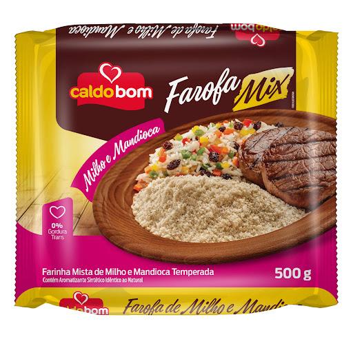 Farofa Pronta Mix Mandioca e Milho 500g - Caldo Bom - Ingredientes: Farinha de milho branca biju (61%), farinha de mandioca biju(26%), óleo vegetal, sal refinado, condimentos (cebola em pó e alho em pó), aroma idêntico ao natural de bacon e glutamato monossódico.
ALÉRGICOS: 
CONTÉM DERIVADOS DE SOJA. CONTÉM GLÚTEN. PODE CONTER DERIVADOS DE TRIGO, LEITE E OVO.