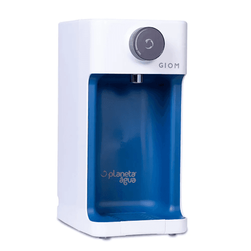 Purificador de água alcalina Giom- branco com azul,7504 - Purificador de água natural e alcalina Giom, Contêm refil duplo que remove 100% do cloro, filtra partículas de sujeira, adiciona minerais na água, possui sistema de refrigeração com compressor