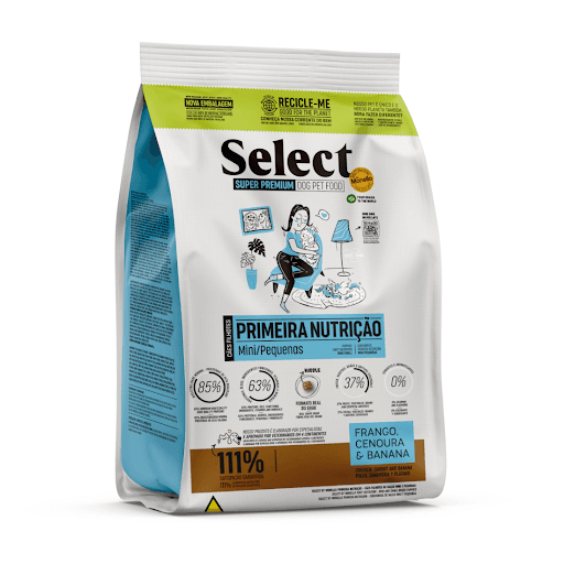 Select Raças Mini e Pequenas Primeira Nutrição 7Kg - Ingredientes selecionados fontes de proteínas, óleos, ingredientes funcionais, vitaminas e minerais, mín. 63% (farinha de vísceras de aves - mín. 23%, óleo de aves, óleo de salmão - mín. 0,5%, hidrolisado de fígado de aves, mistura de ovos desidratados, farelo de glúten de milho 60, farelo de soja, biomassa de microalgas Schizochytrium sp. - mín. 0,2%, levedura de cervejaria inativada desidratada, blend de prebióticos - mín. 0,13% - composto de: parede celular de levedura, galactooligossacarídeos, frutooligossacarídeos e levedura seca de cana de açúcar, hexametafosfato de sódio, extrato de Yucca - mín. 0,03%, lisina, vitaminas A, D3, E, C, K3, B1, B2, B6, B12, pantotenato de cálcio, ácido fólico, ácido nicotínico, biotina, cloreto de colina, minerais cloreto de sódio, cloreto de potássio, sulfato de manganês, sulfato de zinco, glicinato de zinco, sulfato de ferro, sulfato de cobre, iodato de cálcio, selenito de sódio, selênio metionina). Frutas, vegetais, grãos e aditivos essenciais, mín. 37% (grão de milho, farelo de trigo, quirera de arroz, mix concentrado de frutas e vegetais desidratados - composto de: farinha de batata doce - mín. 0,3%, maçãs, bananas - mín. 0,03%, mirtilos (blueberries), cenouras - mín. 0,03% e farinha de ervilha - mín. 0,05%, polpa desidratada de beterraba - mín. 0,5% e aditivos antioxidantes BHA e BHT).