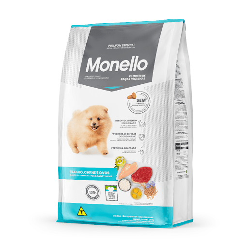 Monello Premium Especial Cães Filhotes Raças Pequenas Carne & Ovo 15Kg - A Monello Cães Filhotes Raças Pequenas Frango, Carne e Ovos é um produto completamente novo na linha de alimentos. Com partícula adaptada, ele proporciona fácil mastigação e uma refeição mais saborosa. A adição do óleo de salmão auxilia no amadurecimento cognitivo, necessário para um crescimento saudável. A fórmula ainda conta com a presença de ovos em pó. O alimento que é considerado a fonte mais rica em proteína existente atua na manutenção da musculatura e no desenvolvimento equilibrado dos filhotes, dando todo o suporte necessário para a fase inicial da vida dos peludinhos. A adição de MOS - mananoligossacarídeos age na melhor absorção e aproveitamento dos nutrientes contidos no alimento. Além disso, a Monello Filhotes Raças Pequenas proporciona um ambiente mais higiênico ao inserir extrato de Yucca schidigera na formulação, uma vez que ele contribui para a diminuição do volume e do odor das fezes.