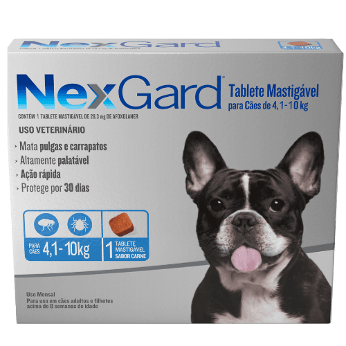 NexGard Antipulgas e Carrapatos para Cachorros 4,1 a 10kg para Cachorros 1 tablete - NexGard® é um tablete mastigável altamente palatável que seu cão vai adorar. Com um rápido início de ação, ele atinge 100% de eficácia contra pulgas em apenas 8 horas, matando-as antes que coloquem ovos.