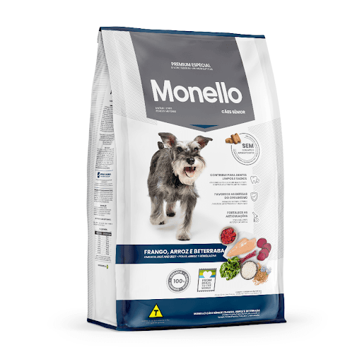 Monello Premium Especial Cães Senior Frango & Beterraba 15Kg - Apesar de não conter especificação de idade, a Monello Cães Sênior Frango, Arroz e Beterraba é desenvolvida especialmente para os pets que já diminuíram o ritmo das brincadeiras. Pensando no bem-estar dos cães e em uma alimentação mais saborosa, o formato dos grãos facilita a mastigação. A adição de hexametafosfato de sódio protege a saúde bucal, combatendo o tártaro e o mau hálito e fortificando a dentição. A fórmula possui ovos em pó, alimento com alto valor biológico e rico em proteínas, o que auxilia o fornecimento de nutrientes de qualidade, assim como a presença de óleo de salmão, que proporciona um envelhecimento mais saudável para os peludos. A glicosamina e a condroitina agem na prevenção do desgaste e na regeneração das articulações e a utilização de proteínas de excelência ajuda na manutenção da musculatura.