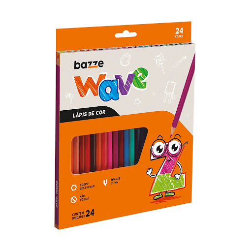 Lápis De Cor Wave - 24 cores - Bazze - Lápis de Cor WAVE é de resina não tóxica, 24 cores intensas com mina resistente de 2,7mm! Certificado pelo INMETRO.