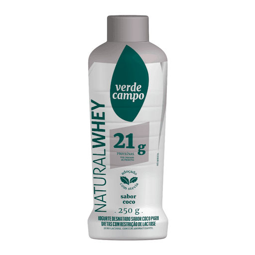 Iogurte Coco Natural Whey 21g de Proteína Verde Campo 250G - Nas versões iogurte e shake, a linha Natural Whey combina os ingredientes naturais com a riqueza proteica que só o leite pode oferecer. Os produtos são indicados tanto para o consumo pós e pré-treino, quanto para lanches intermediários e receitas. Os produtos da linha Natural Whey estão livres de conservantes, são adoçados com stévia (adoçante natural) e contêm aromas e corantes naturais.