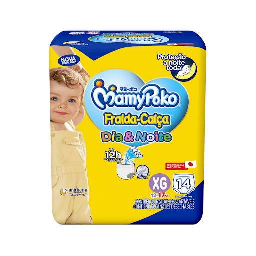 MamyPoko Fralda-Calça Dia&Noite XG14 - A MamyPoko Fralda-Calça™ Dia&Noite veste fácil. Absorve até 4 copos de líquido e tem proteção que evita vazamento e mantendo o seu bebê protegido por até 12 horas. *Pode variar de acordo com os hábitos e características do bebê.