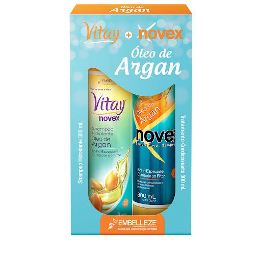Shampoo e Condicionador Vitay Novex Óleo de Argan KIT - Hidrata, Nutre e Lava  A vida das mulheres é sempre tão agitada que a Embelleze resolveu trazer o melhor tratamento para os cabelos, com toda a praticidade de um kit completo.  O Shampoo Vitay hidrata e nutre, deixando seus cabelos purificados e revitalizados.  O Tratamento Condicionante Novex, com sua ação ultraprofunda, vai tratar maravilhosamente, restaurando os fios. Você nunca mais vai querer saber de outro condicionador. Agora você não tem mais desculpa para não se cuidar. Alimente seus fios e os elogios.