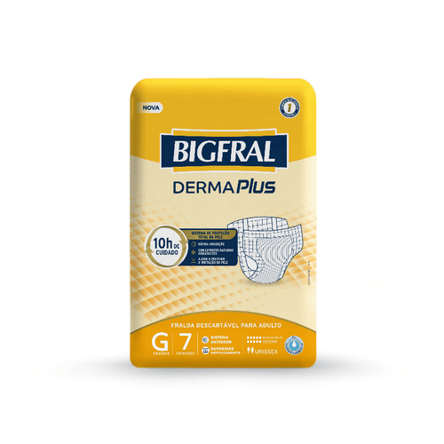 Fralda Plus G 7 Unidades - Bigfral - Bigfral Plus foi desenvolvida com tecnologia e qualidade para pessoas que necessitam de cuidados especiais, com incontinência intensa, oferecendo até 10h de proteção máxima.