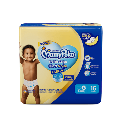 MamyPoko Fralda-Calça Dia&Noite G16 - A MamyPoko Fralda-Calça™ Dia&Noite veste fácil. Absorve até 4 copos de líquido e tem proteção que evita vazamento e mantendo o seu bebê protegido por até 12 horas. *Pode variar de acordo com os hábitos e características do bebê.