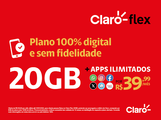 O Plano de celular totalmente digital e sem fidelidade. Sem estresse, sem perrengues, 100% sua cara.
20GB com apps ilimitados por R$ 39,99/mês.
Venha conferir!