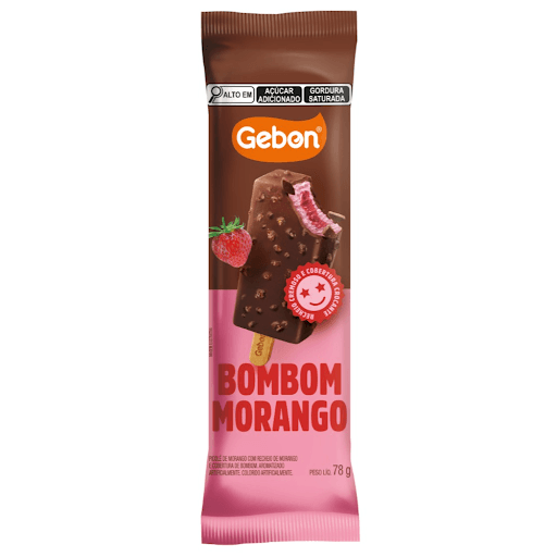 GEBON SORVETES - PALETA BOMBOM DE MORANGO - O puro sabor do morango em cada mordida, com uma generosa cobertura de chocolate, que derrete na boca, além de crocantes de wafers envolvendo todo o sorvete.

ALÉRGICOS: CONTÉM LEITE E DERIVADOS, CASTANHA-DE-CAJU, DERIVADOS DE OVOS, DE AVEIA, DE TRIGO E DE SOJA. PODE CONTER CENTEIO, CEVADA, AMÊNDOAS, AMENDOIM, AVELÃS, CASTANHA-DO-BRASIL E NOZES. 
CONTÉM LACTOSE. 
CONTÉM GLÚTEN. 

FOP: Alto em açúcar adicionado; Alto em gordura saturada.