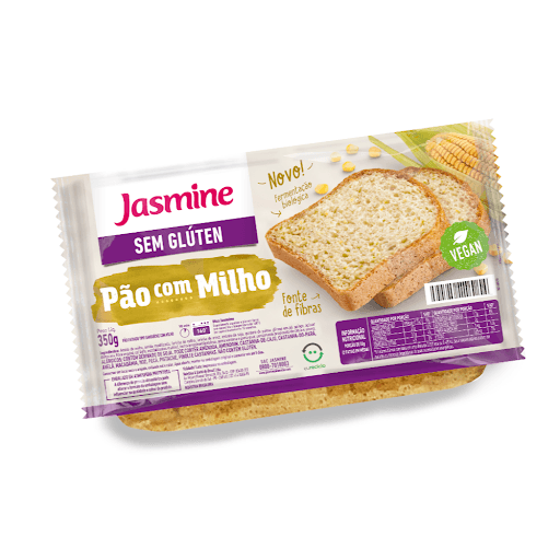 Pão Milho sem Glúten Jasmine Pacote 350g - Com farinha de sorgo e fonte de fibras. Os produtos Jasmine sem Glúten acompanham o estilo de vida e a rotina de alimentação saudável de quem precisa de algo prático, saboroso e com alto valor nutritivo para manter o cuidado com a saúde, sem abrir mão da qualidade.