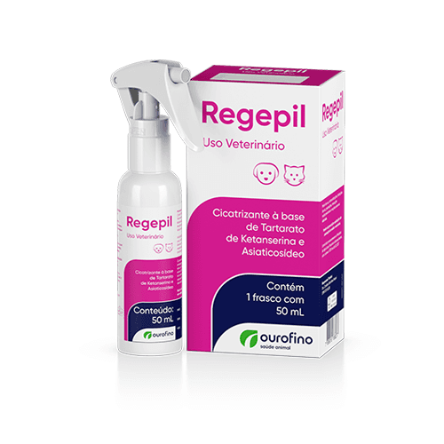 Regepil 50 Ml - Cicatrizante composto pela exclusiva associação 
de Tartarato de Ketanserina e Asiaticosídeo. Indicado para estimular a cicatrização de feridas 
em cães e gatos, promovendo um resultado mais 
rápido e de melhor qualidade.