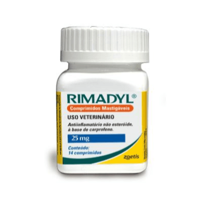 Rimadyl Comprimidos Mastigáveis - Anti-inflamatório para cães - 25 mg - frasco com 14 comprimidos - Rimadyl Comprimidos Mastigáveis é um anti-inflamatório não esteroidal (AINE) indicado para cães.

•	Princípio ativo: Carprofeno

•	Indicado para o alívio de dor e inflamação em cães;

•	Indicado para o alívio de sinais associados com osteoartrite e controle da dor associada a cirurgias ortopédicas e de tecidos moles, em cães;

•	Ação anti-inflamatória e analgésica.

Consulte sempre seu médico-veterinário.
