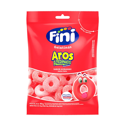 Aros de Morango Azedinhos 90g - Quantos você consegue empilhar? Com duas texturas em um único produto, azedinhos e saborosos, nossos Aros de Morango são super divertidos e um dos produtos mais queridinhos da Fini! Sabor de morango e formato de aro, na cor vermelha.