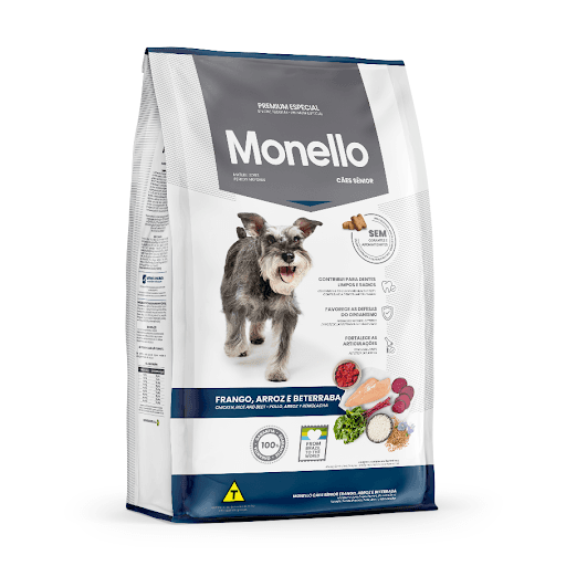 Monello Premium Especial Cães Senior Frango & Beterraba - Apesar de não conter especificação de idade, a Monello Cães Sênior Frango, Arroz e Beterraba é desenvolvida especialmente para os pets que já diminuíram o ritmo das brincadeiras. Pensando no bem-estar dos cães e em uma alimentação mais saborosa, o formato dos grãos facilita a mastigação. A adição de hexametafosfato de sódio protege a saúde bucal, combatendo o tártaro e o mau hálito e fortificando a dentição. A fórmula possui ovos em pó, alimento com alto valor biológico e rico em proteínas, o que auxilia o fornecimento de nutrientes de qualidade, assim como a presença de óleo de salmão, que proporciona um envelhecimento mais saudável para os peludos. A glicosamina e a condroitina agem na prevenção do desgaste e na regeneração das articulações e a utilização de proteínas de excelência ajuda na manutenção da musculatura.