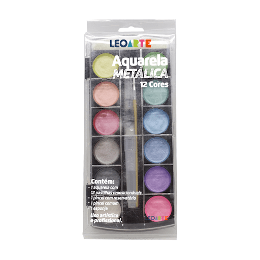 Aquarela Metálica - LeoArte - Aquarela 12 cores metálicas.




Com water brush.




Com pincel de cerdas naturais e cabo de madeira.




Com esponja anexada ao estojo para limpeza dos pincéis.




 




Estojo blistado: aquarela 12 cores + pincel com reservatório + pincel + esponja.