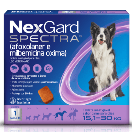NexGard Spectra Antipulgas e Carrapatos e Vermífugo para Cães de 15,1 a 30kg 1 tablete - NEXGARD SPECTRA® possui cinco faixas de peso, sendo seguro para todas as raças de cães. Se o peso do seu cão for superior a 60 kg, complemente a dosagem com um tablete adicional equivalente ao peso em falta. Mata, trata e controla pulgas e carrapatos, além de ser indicado para o tratamento de infecções por vermes nematódeos gastrintestinais adultos, como ascarídeos (Toxocara canis), ancilostomatídeos (Ancylostoma sp.) e tricurídeos (Trichuris vulpis). Também é indicado para o tratamento e prevenção de infestações por pulgas, carrapatos e sarna otodécica (sarna de ouvido) em cães adultos e filhotes a partir de 8 semanas de idade e peso corporal mínimo de 2,0 kg.