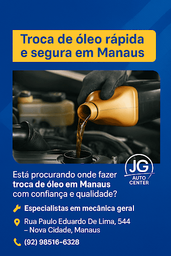Troca de óleo rápida e segura em Manaus – JG Auto Center
Está procurando onde fazer troca de óleo em Manaus com confiança e qualidade?
A JG Auto Center realiza troca de óleo com produtos certificados, serviço rápido e profissionais experientes.
Venha nos visitar no bairro Nova Cidade – atendimento de segunda a sábado!

🔧 Especialistas em mecânica geral
📍 Rua Paulo Eduardo De Lima, 544 – Nova Cidade, Manaus
☎️ (92) 98516-6328