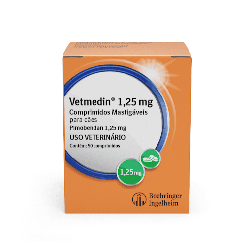 Vetmedin 50 Comprimidos Mastigáveis para Cães - 1,25 mg - Tem ação dupla: efeito inotrópico positivo e efeito vasodilatador, indicado para o tratamento de Insuficiência Cardíaca Congestiva  em cães.
