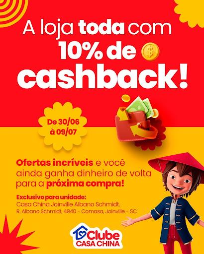 De 30/06 à 09/07, a loja toda* com 10% de cashback 🤑

Ofertas incríveis, dinheiro de volta e vantagens pra sua próxima compra.

Porque economia e dinheiro de volta... Na Casa China tem! 

*Exclusivo na loja Casa China Albano Schmidt.

#CasaChina #NaCasaChinaTem #Cashback #Promoção